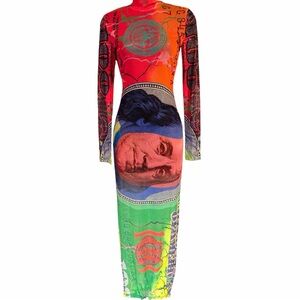 Fashion Nova Cash Up Mesh Maxi Dress - Multi Color Dollar Print NWT Size S